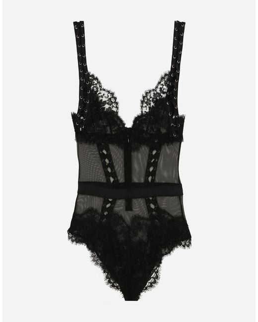 Dolce & Gabbana Black Lace And Tulle Bodysuit With Lacing And Eyelets
