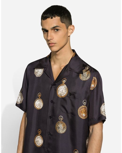 Camisa Hawaii En Sarga De Seda Con Estampado De Relojes Dolce & Gabbana de hombre de color Blue