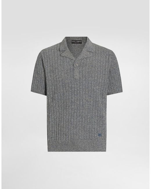 ドルチェ&ガッバーナ　ポロシャツ Mサイズ　コットン/ベルベット　グレー 長袖 Dolce & Gabbana メンズ グレー Ribbed Cotton And Linen Polo Shirtの