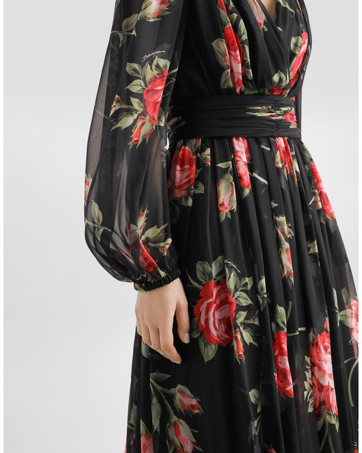 Dolce & Gabbana Black Rose Bouquet-Print Long Chiffon Dress