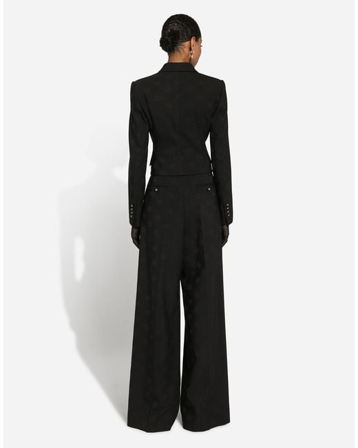 Dolce & Gabbana Black Flared Wool Jacquard Pants With Dg Logo
