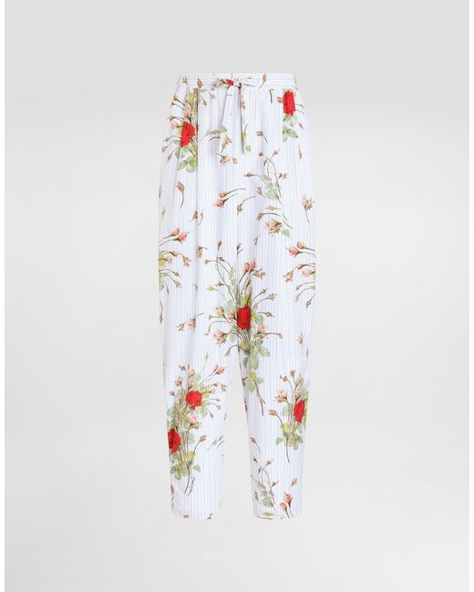 Dolce & Gabbana White Small Rose-Print Poplin Vanity Trousers for men