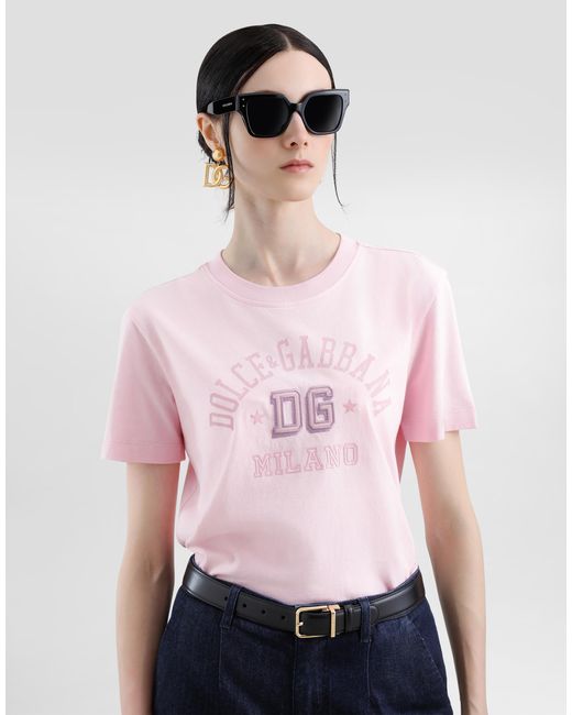 Dolce & Gabbana Pink Oversize Jersey T-Shirt With Raised Dg Logo Embroidery