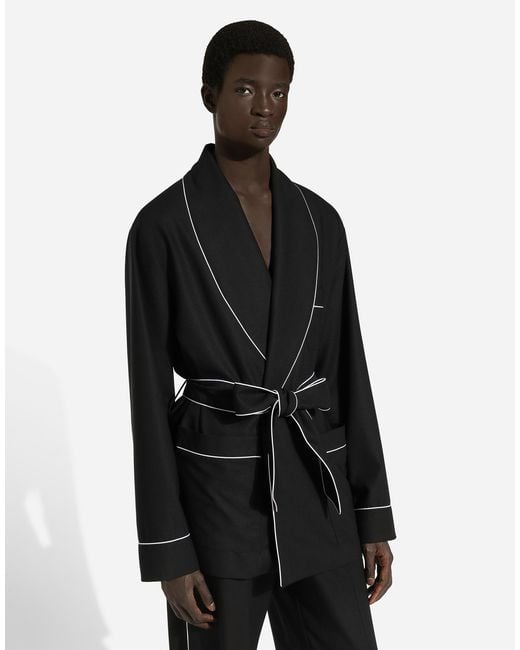 Dolce & Gabbana Black Wool Piped Robe Coat for men