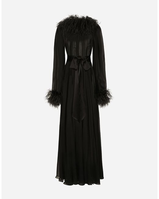 Dolce & Gabbana Black Long Silk Chiffon Dress With Ostrich Feather Details