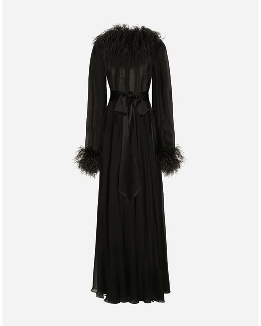 Dolce & Gabbana Black Long Silk Chiffon Dress With Ostrich Feather Details