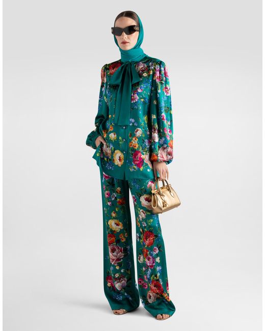 Dolce & Gabbana Green Rose-Print Satin Vanity Trousers
