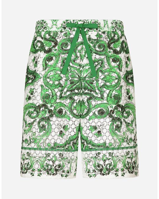 Dolce & Gabbana Green Crochet Lace Jogging Shorts With Majolica for men