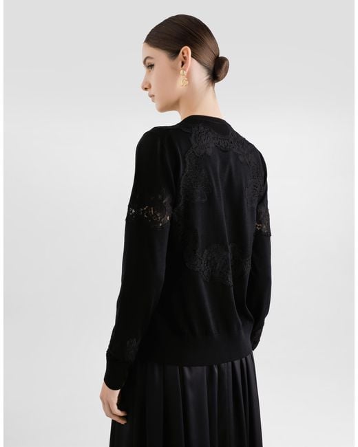 Dolce & Gabbana Wool Cardigan With Lace Black