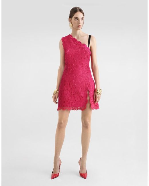 Dolce & Gabbana Pink Floral Cordonetto Lace Minidress With Slit