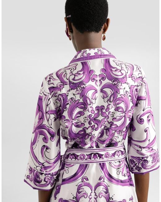 Long Majolica-Print Silk Dressing Robe Dolce & Gabbana en coloris Purple