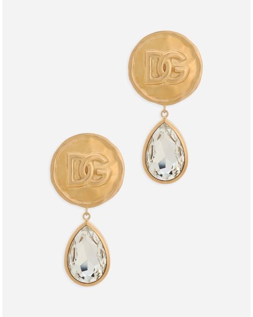 Dolce & Gabbana White Earrings With Logo Coin And Rhinestone Pendants