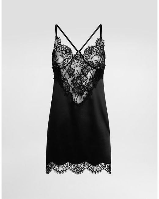 Dolce & Gabbana Black Lace-Trimmed Satin Slip Dress