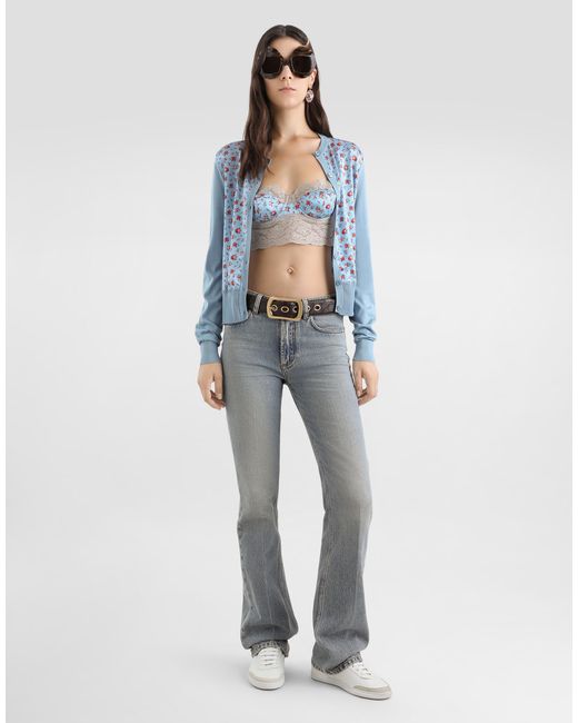 Dolce & Gabbana Blue Small Rose-Print Satin Cardigan