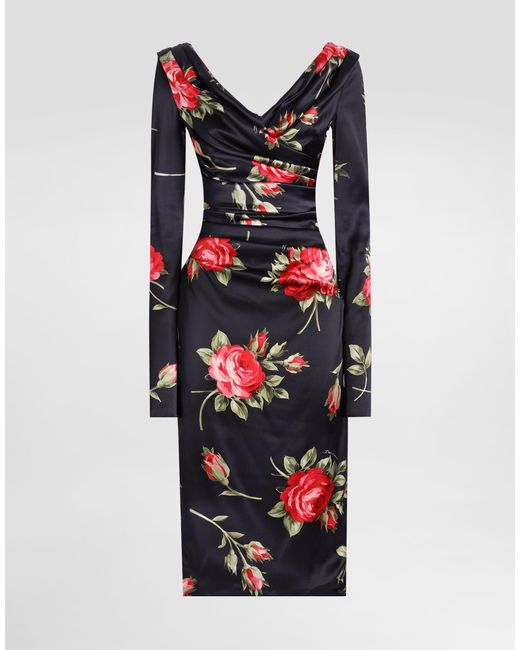 Dolce & Gabbana White Rose Bouquet-Print Draped Satin Dress