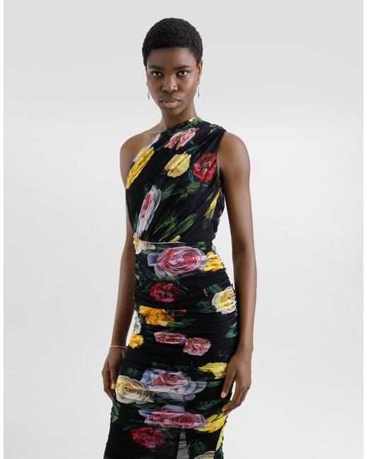 Dolce & Gabbana White Longuette-Kleid Im One-Shoulder-Stil Aus Tüll Pfingstrosen- Und Rosenprint