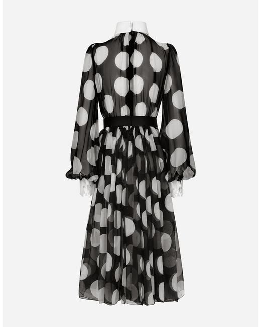 Dolce & Gabbana Black Polka Dot Long Sleeve Belted Chiffon Midi Dress