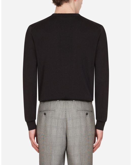 Dolce & Gabbana Black Wool And Silk Round-neck Sweater With Dg Embroidery for men