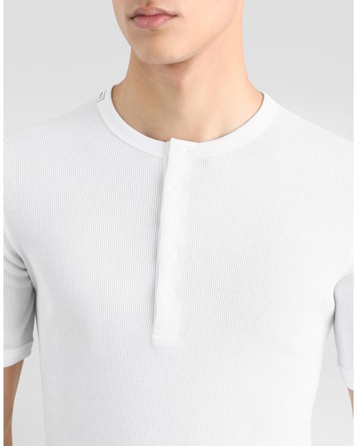 Dolce & Gabbana White Fine-Rib Cotton Granddad-Neck T-Shirt for men