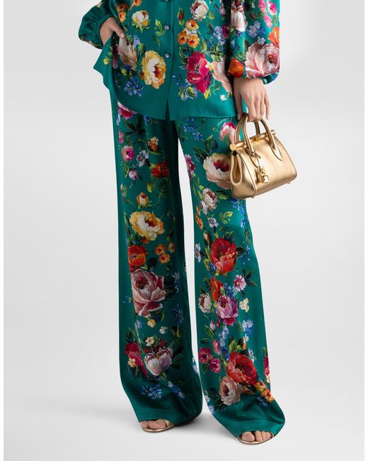 Dolce & Gabbana Green Rose-Print Satin Vanity Trousers