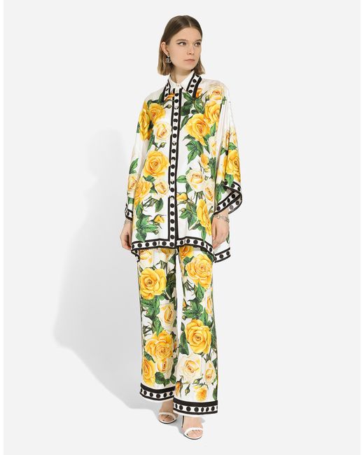 Dolce & Gabbana Yellow Silk Pajama Pants With Rose