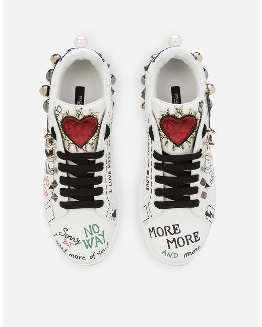 Dolce & Gabbana White Sneakers Portofino aus bedrucktem kalbsnappaleder mit patch und stickerei