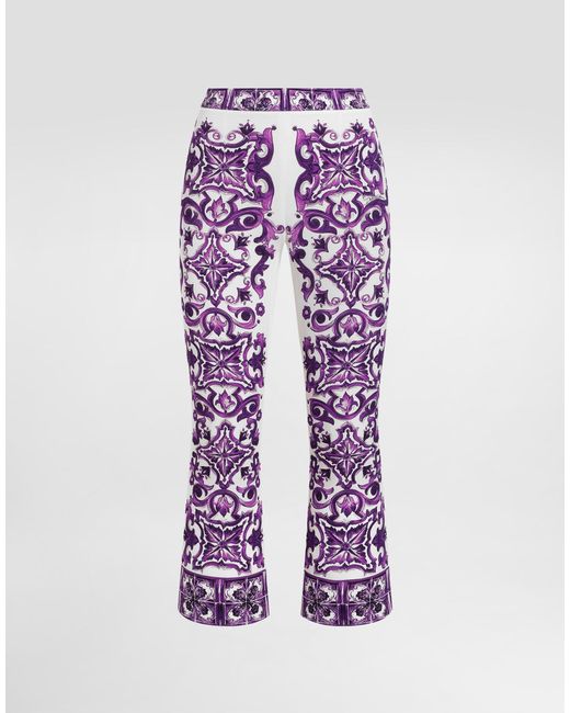 Dolce & Gabbana Majolica Print Silk Trousers Purple
