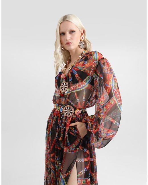 Dolce & Gabbana Red Carretto-Print Chiffon Long Dress
