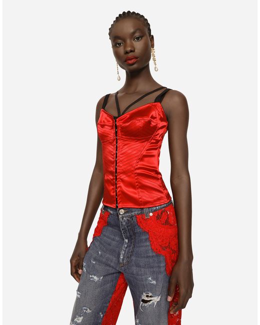 Dolce & Gabbana Red Satin Corset With Top-Stitching And Hook-And-Eye Fastenings