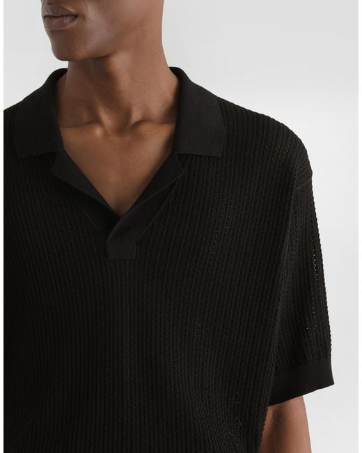 Dolce & Gabbana Black Short-Sleeved Cotton Openwork Polo-Shirt for men