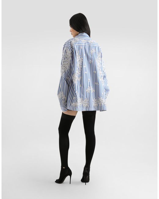 Dolce & Gabbana Blue Cotton Shirt With Flowers And Lace Embroidery