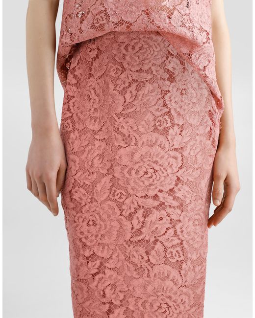 Dolce & Gabbana Pink Logoed Floral Cordonet Lace Pencil Skirt