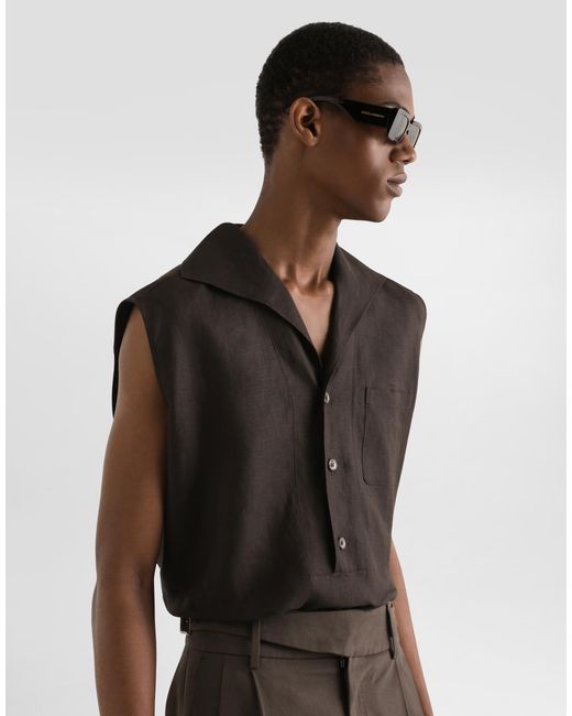 Dolce & Gabbana Black Three-Button Sleeveless Linen Shirt for men