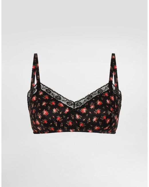 Dolce & Gabbana Black Small Rose-Print Satin And Lace Bra