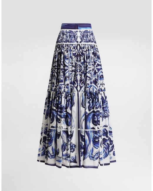 Dolce & Gabbana Blue Dg Exclusive Majolica- Long Poplin Skirt