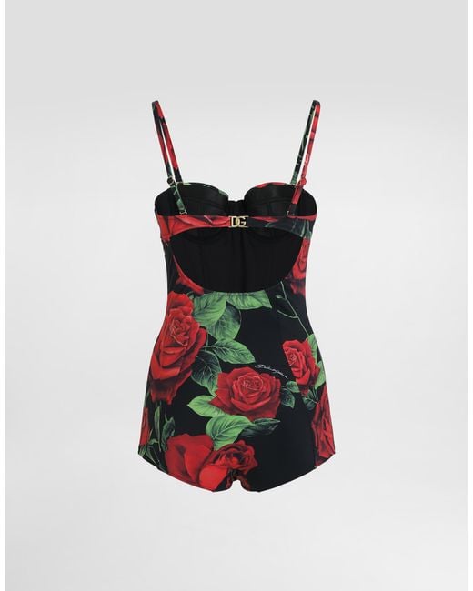 Dolce & Gabbana Red Rose-Print Balconette One-Piece Swimsuit