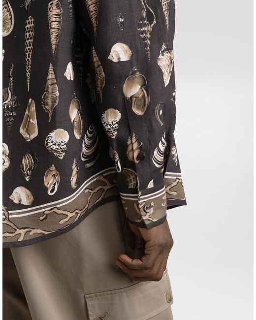 Dolce & Gabbana Black Shell-Print Oversized Linen Canvas Shirt for men