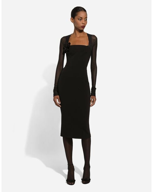Dolce & Gabbana Black Jersey Calf-Length Dress With Tulle Sleeves
