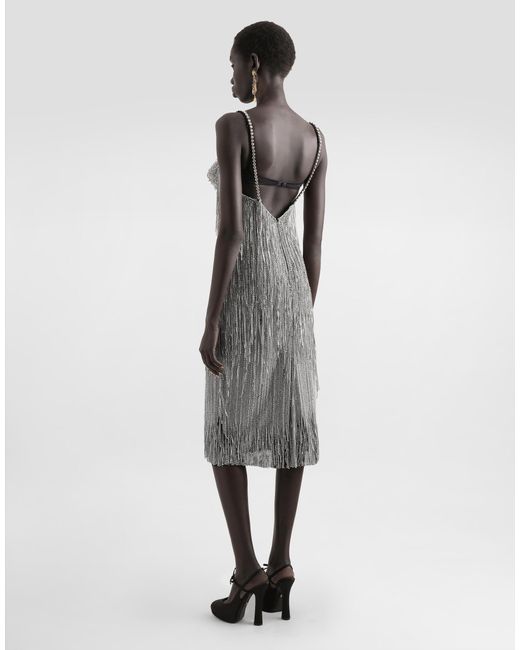 Dolce & Gabbana Gray Marquisette Calf-Length Dress With Sequined Fringing