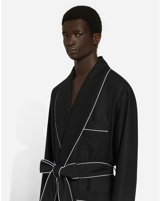 Dolce & Gabbana Black Wool Piped Robe Coat for men