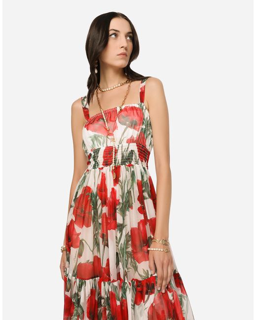 Vestido largo de chifón con estampado de amapolas de Dolce & Gabbana de  color Rojo | Lyst