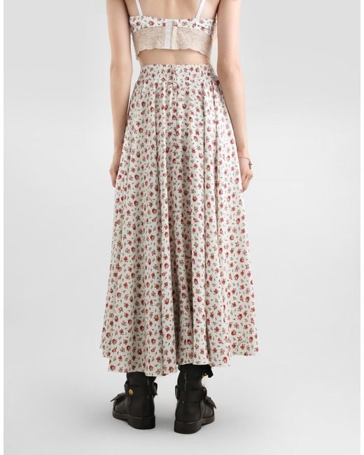 Dolce & Gabbana White Small Rose-Print Charmeuse Circle Skirt