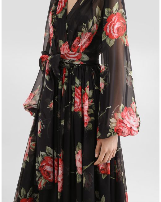 Dolce & Gabbana White Rose Bouquet-Print Chiffon Dress