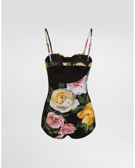 Dolce & Gabbana White One-Piece Swimsuit With Rose And Peony
