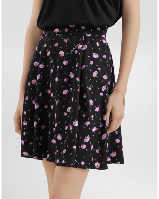 Dolce & Gabbana Black Carnations-Print Silk Canvas Skirt