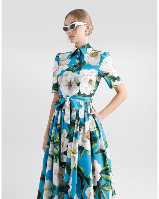 Dolce & Gabbana Blue Short Cotton Corset Dress With Bouquet