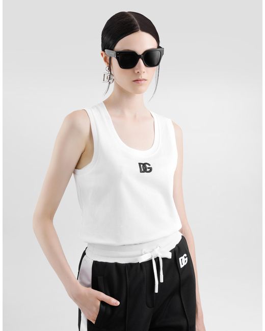 Dolce & Gabbana White Oversize Jersey Tank Top With Dg Logo Embroidery