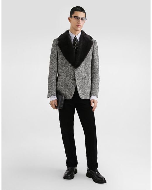 Dolce & Gabbana Black Single-Breasted Dotted Wool Jacket With Fur Collar for men