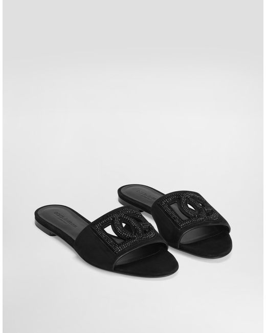 Dolce & Gabbana White Suede Slippers With Rhinestones