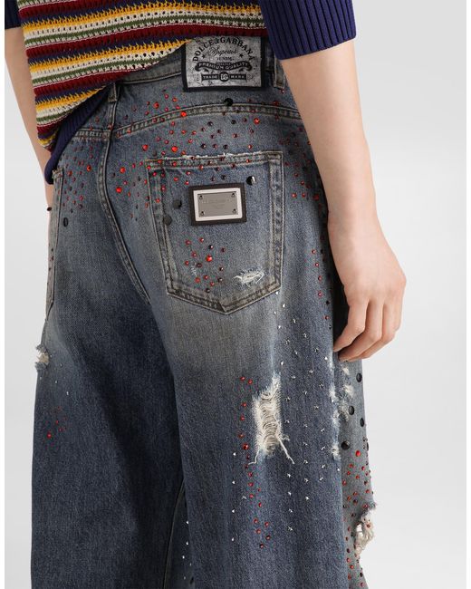 Dolce & Gabbana Blue Denim Trousers With Rhinestones for men